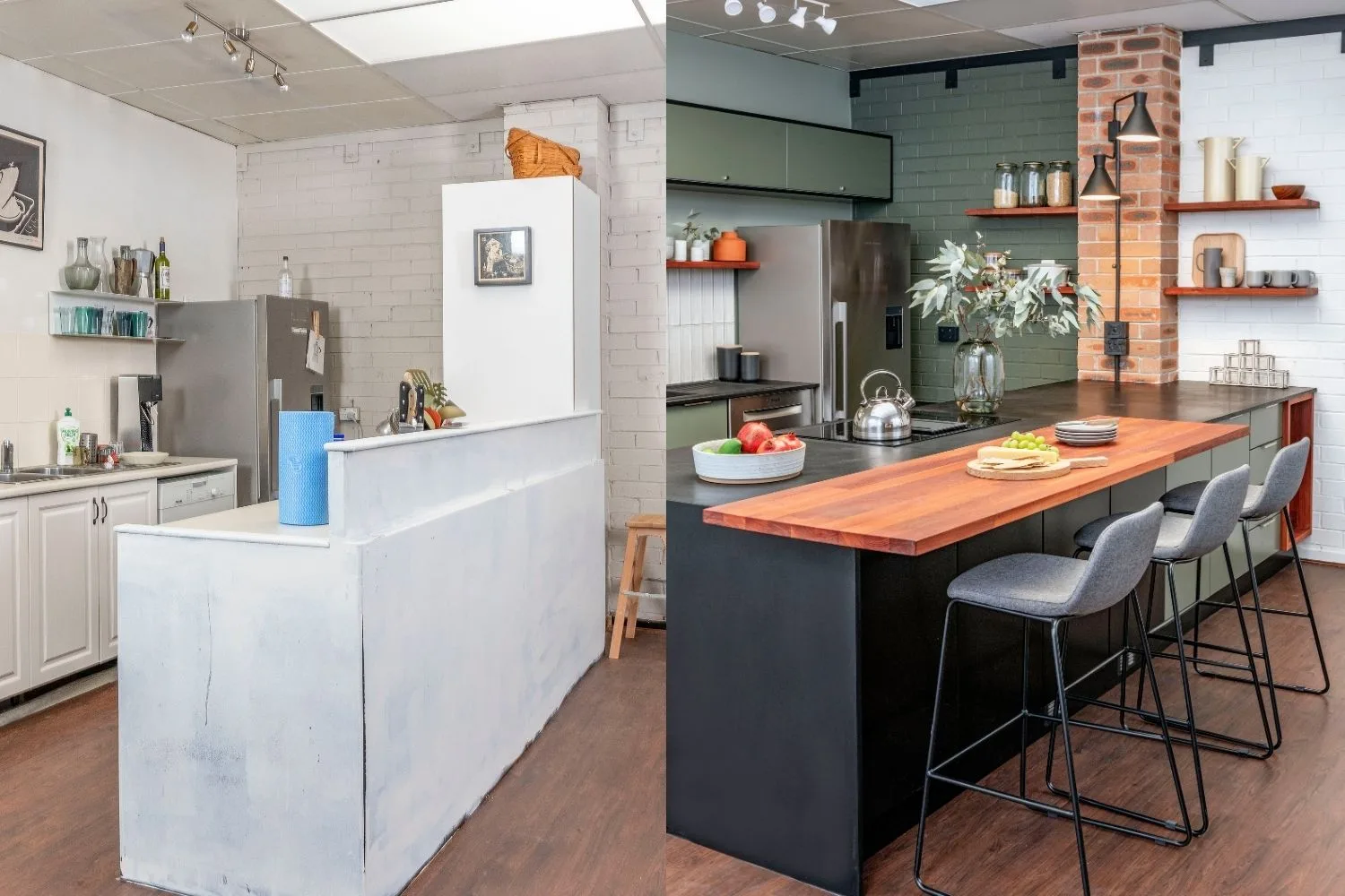 An industrial style kitchen makeover with floating shelves