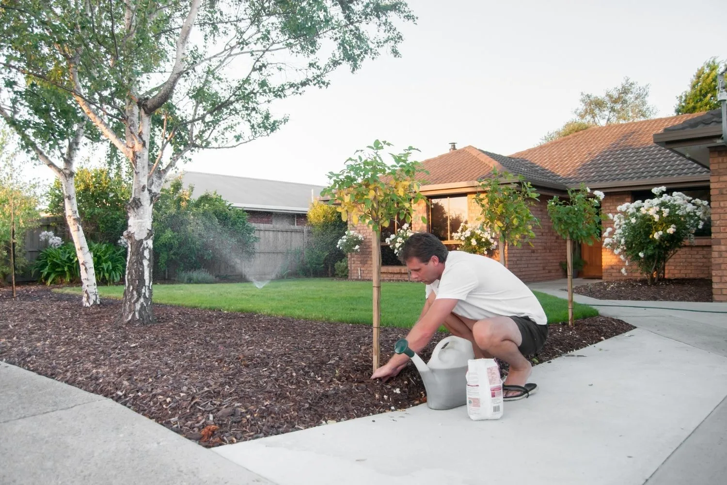Man gardening in front of a brick house