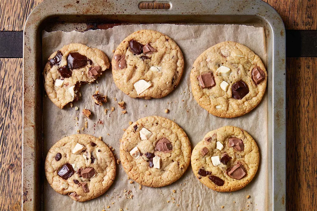 Choc chip biscuits on a baking tray