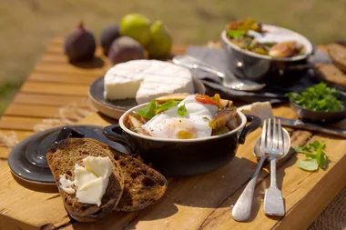 Fig piperade with garlic rye toasts and poached eggs