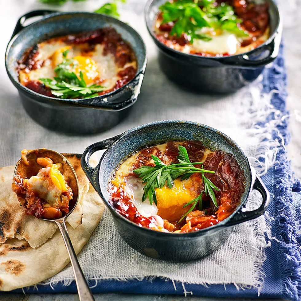 Spanish style baked eggs with chorizo and smoky beans