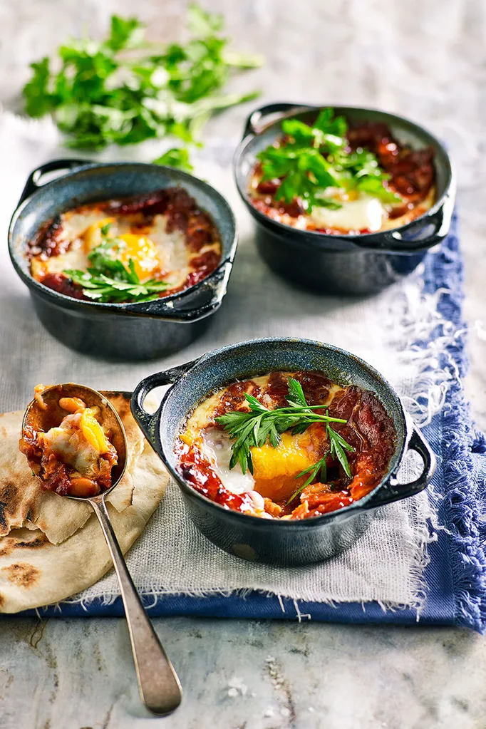 Spanish style baked eggs with chorizo and smoky beans