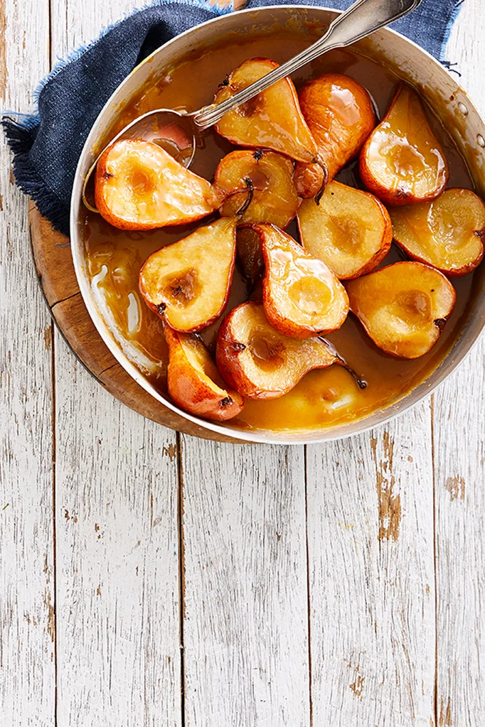 Oven roasted pears in butterscotch syrup