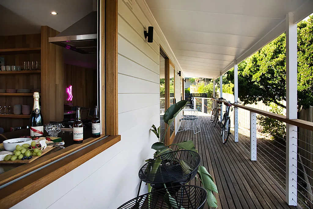 Verandah and servery window at Megan Gale's holiday house