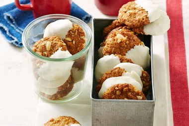 Macadamia, lime and white chocolate Anzac biscuits
