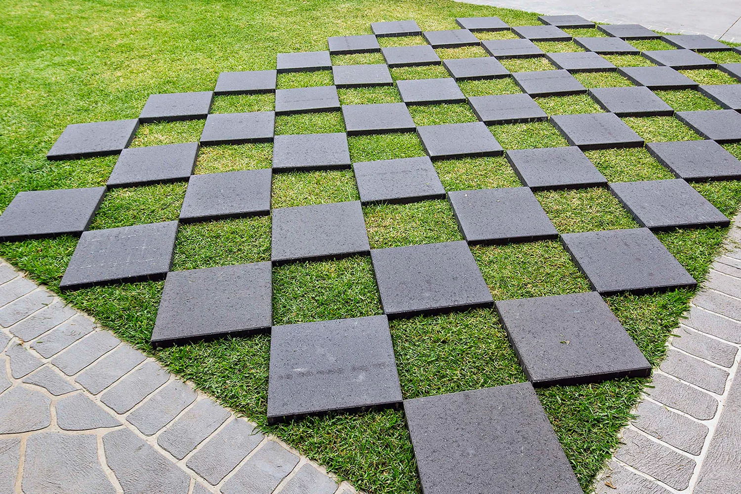 Lawn with checkerboard pavers