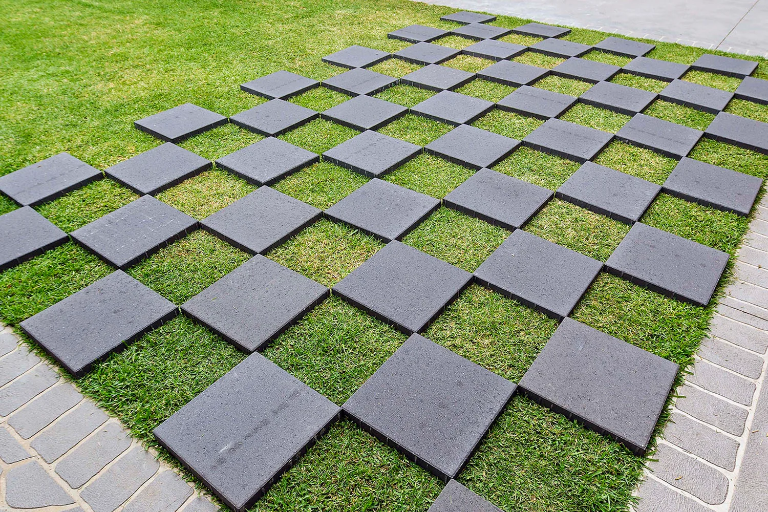 Lawn with patchwork pavers