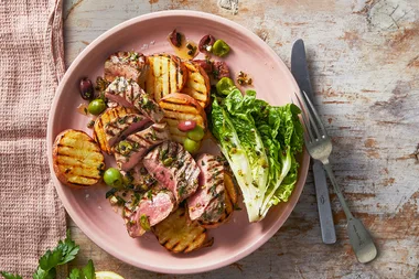 Olive and rosemary lamb with charred potatoes