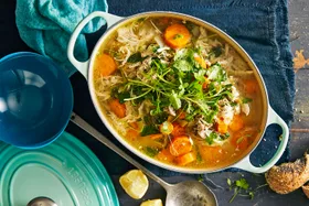 chicken soup with carrot and green herbs in a ceramic white oval dish with a light blue lid next to it.
