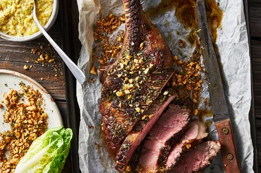 Fire-roasted tomahawk steak with caramelised cream corn
