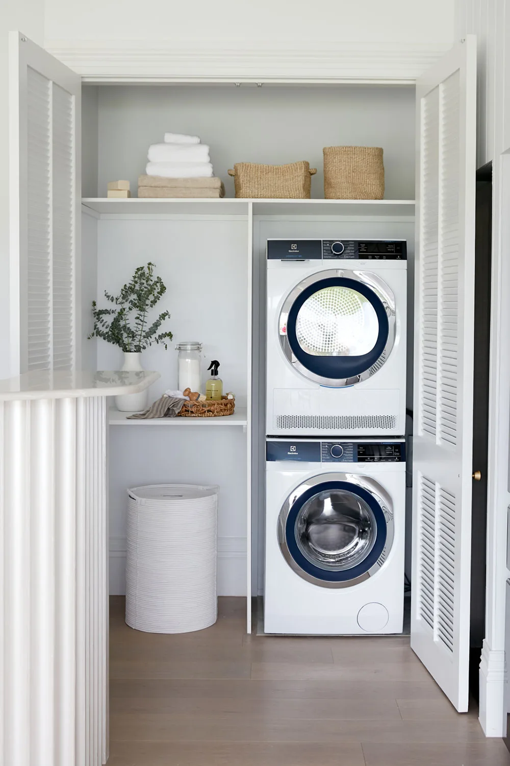 European laundry with overhead storage