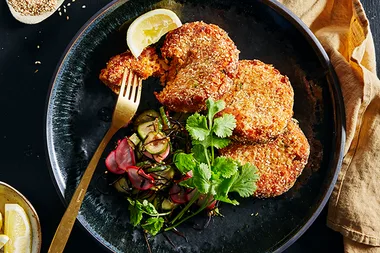 Tuna and sweet potato patties with pickled salad