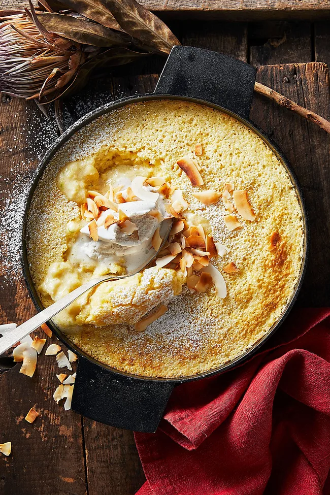 pudding made from pina colada flavours with spoon scopping it out