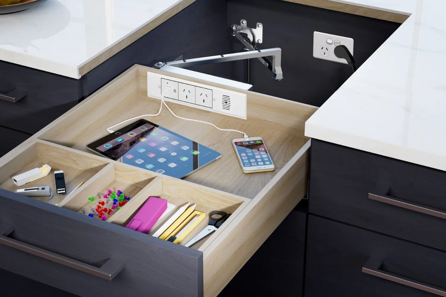 Docker drawer for charging electronic devices