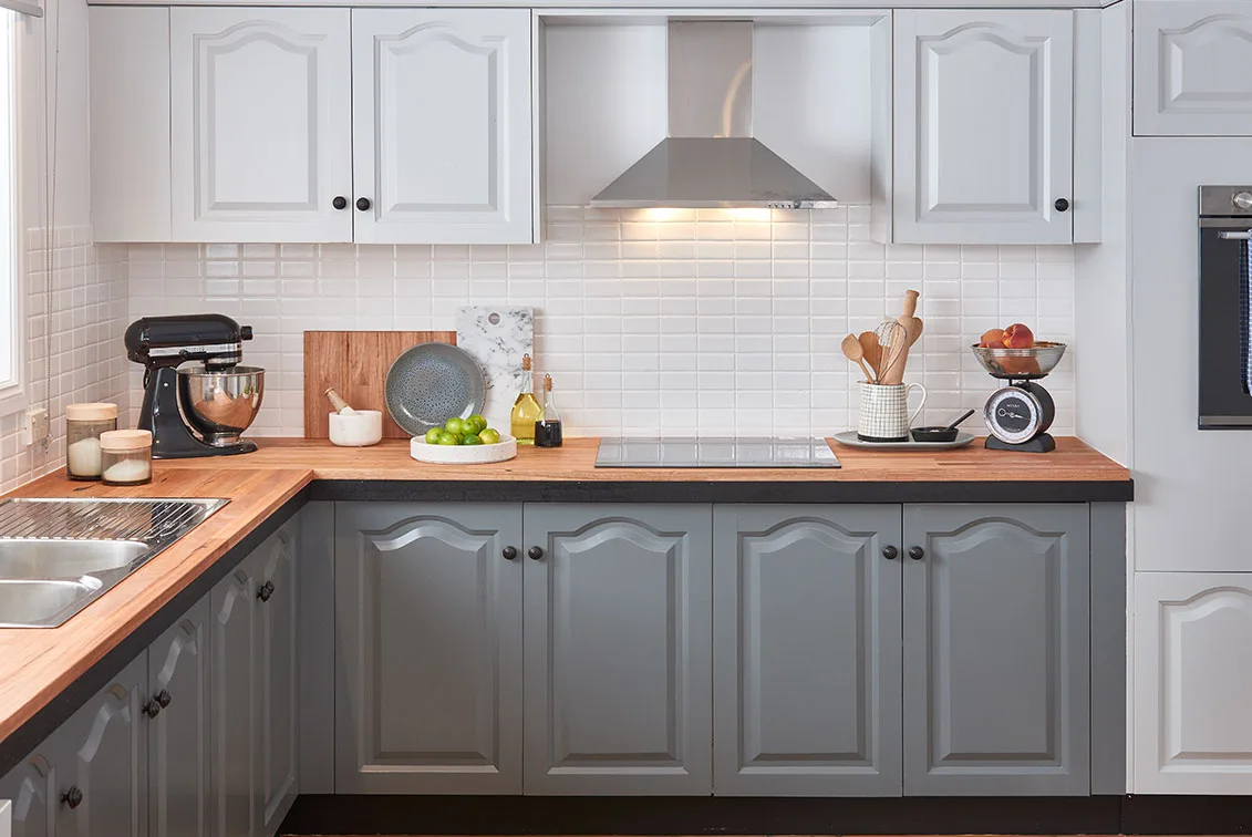 Country style kitchen with timber bench