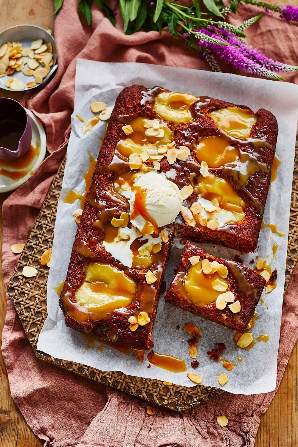 Sticky date and pear tray bake with butterscotch sauce