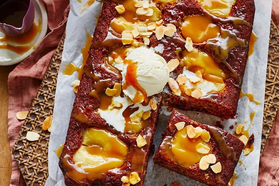 Sticky date and pear tray bake with butterscotch sauce Recipe | Better Homes & Gardens Australia