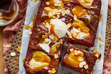 Sticky date and pear tray bake with butterscotch sauce