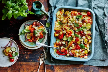 Epic Mediterranean vegetable and haloumi tray bake