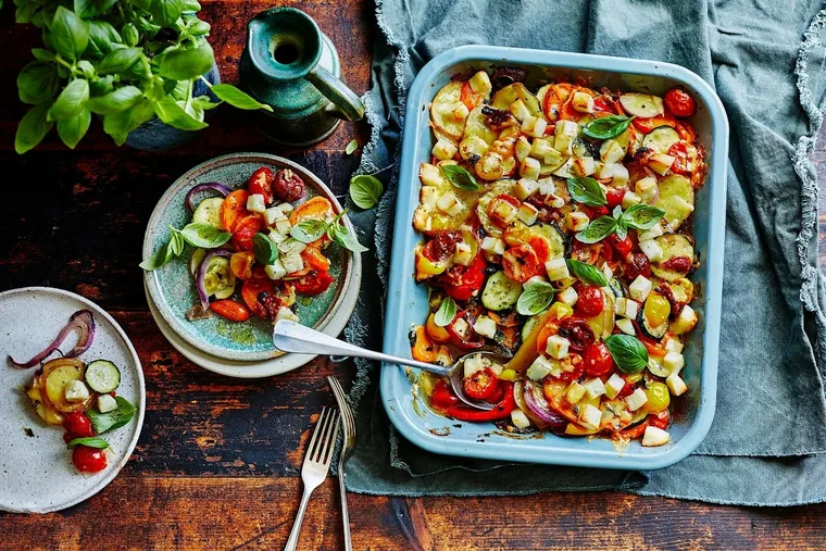 Epic Mediterranean vegetable and haloumi tray bake