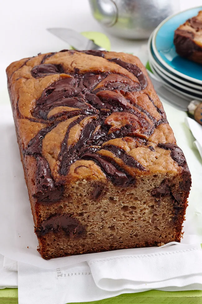 nutella swirled banana bread on white napkins