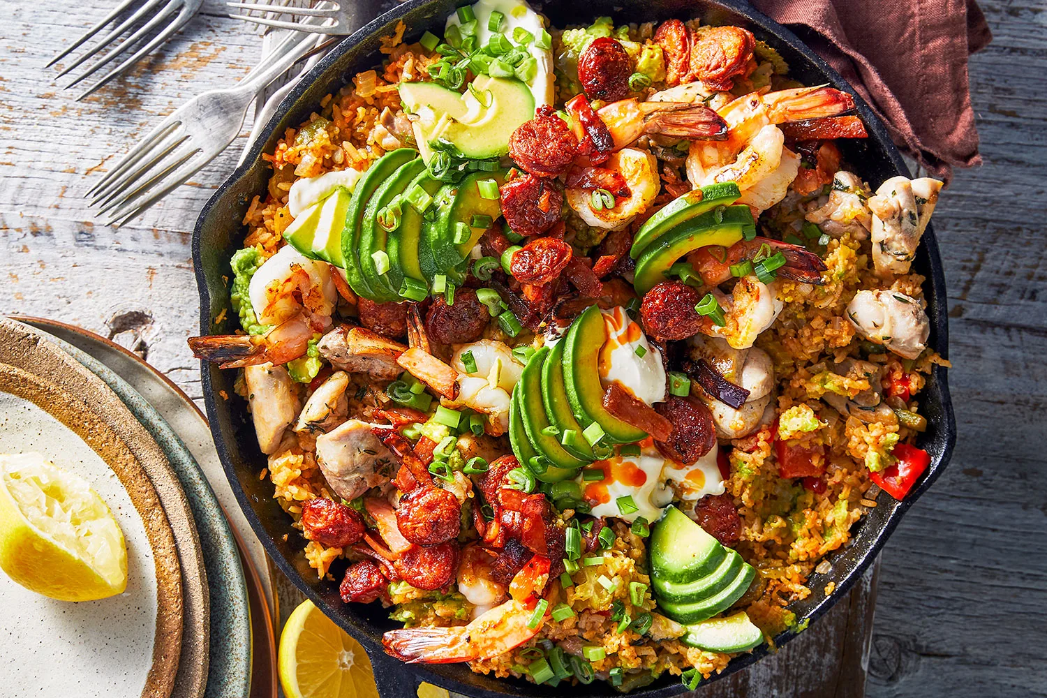 Avocado, prawn and sausage jambalaya
