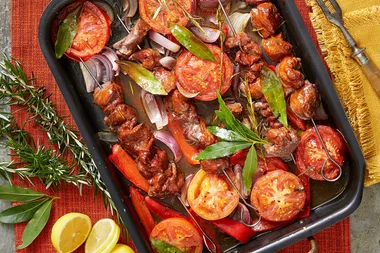 Red lamb and vegetable tray bake