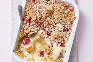 Rhubarb, orange and almond bread and butter pudding