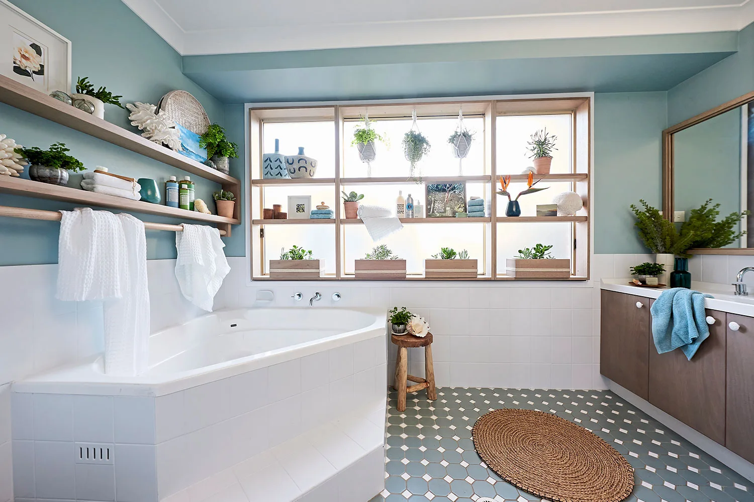 Bathroom window shelves