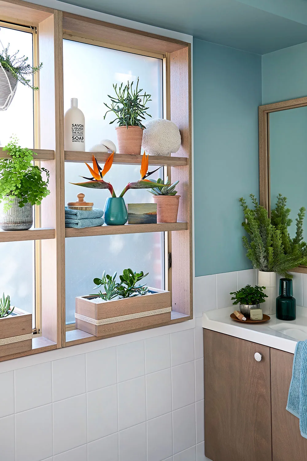 Bathroom window shelves