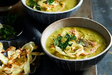 Pea and ham soup with roasted parsnip crisps