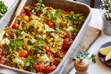 Roasted fish and spiced rice pilaf tray bake