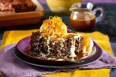 Sticky spiced prune pudding with butter caramel sauce