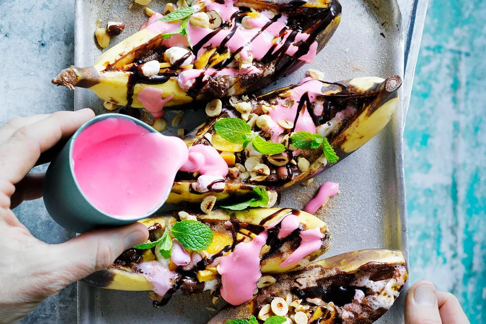 Barbecued banana split parcels with raspberry cream Recipe | Better Homes & Gardens Australia