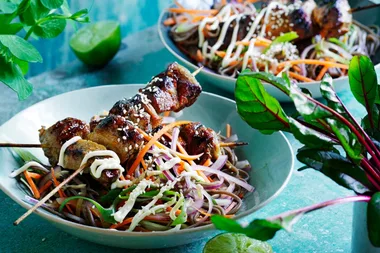 Miso-glazed pork skewers and noodle salad