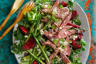 Lamb steak with beetroot and asparagus salad