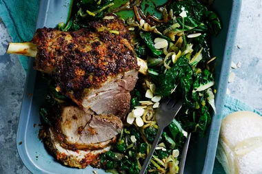 Smoke-roasted lamb leg with citrus silverbeet