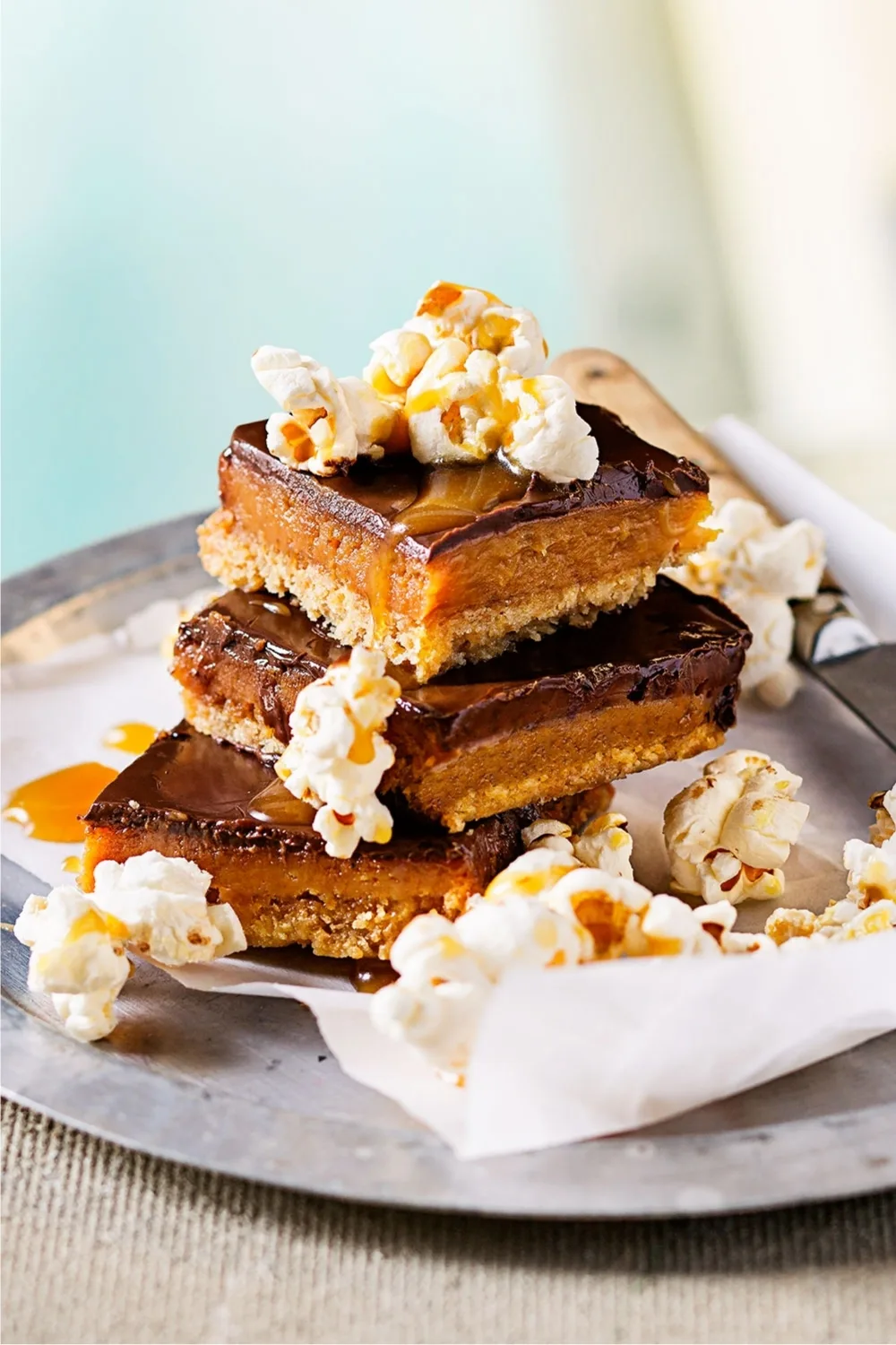 Chocolate salted caramel slice with popcorn