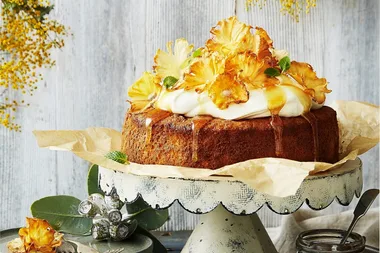 Pineapple syrup cake with pineapple flowers