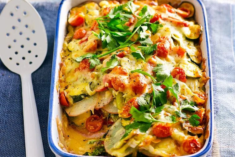 green vegetable tray bake