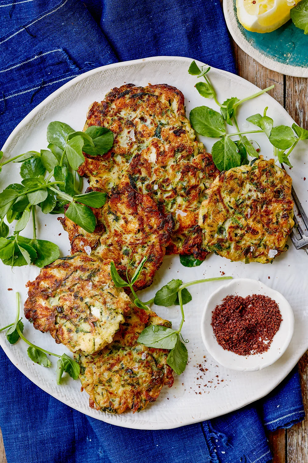 Zucchini feta fritters best fritter recipes and chili salt on the side