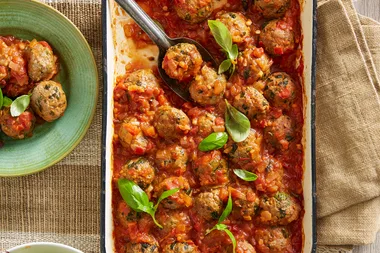 Baked beef meatballs.