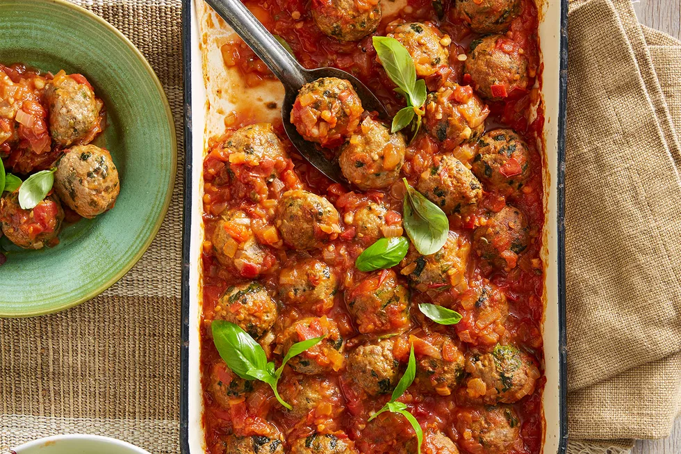 Baked beef meatballs.