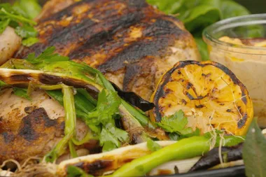 Bay and garlic rubbed butterflied barbecue chicken