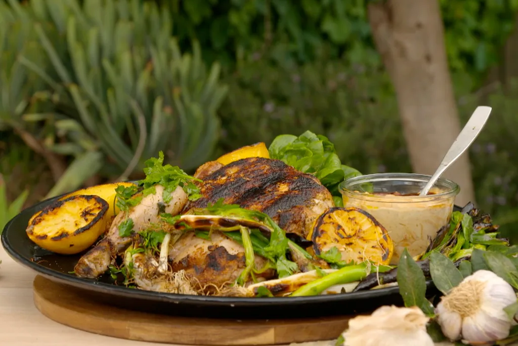 Bay garlic butterflied barbecue chicken