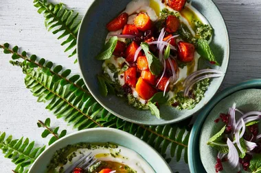 Candied carrot salad with yoghurt, garden herbs and tahini