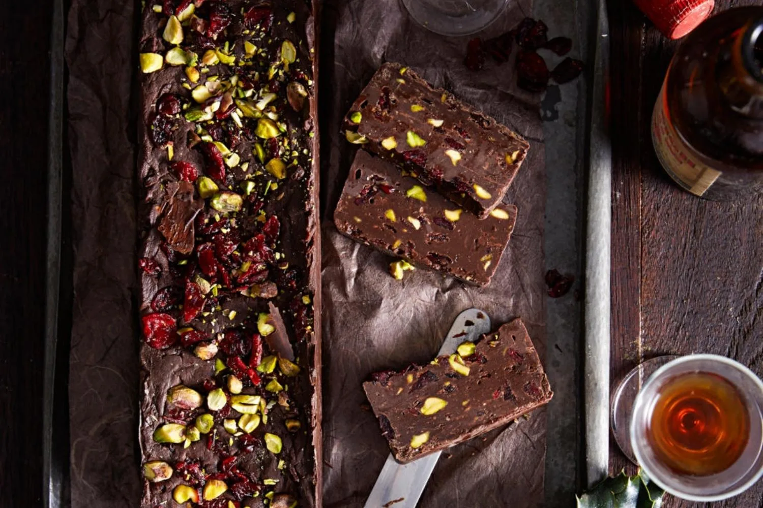 Dark chocolate, cherry and pistachio fudge