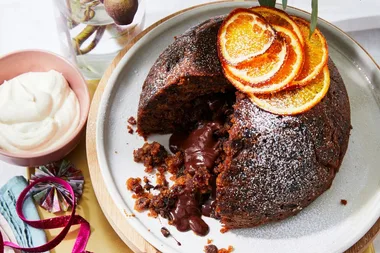 Grand marnier ganache-filled Christmas pudding