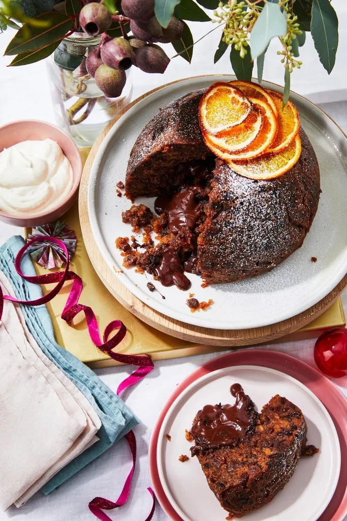 Grand marnier ganache-filled Christmas pudding