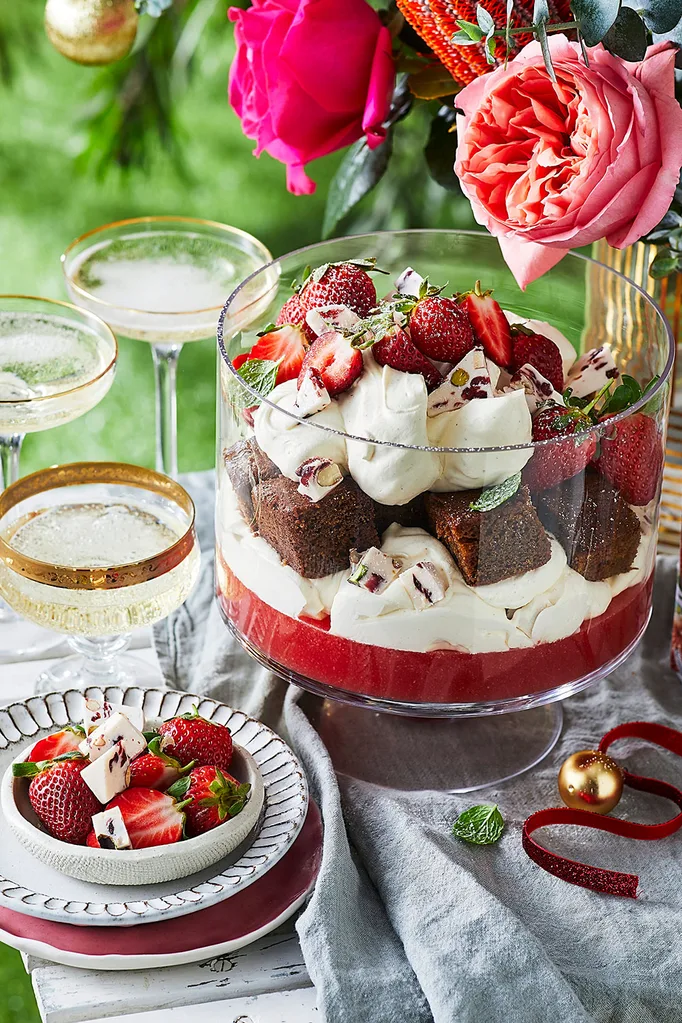 Strawberry rose jelly gingerbread trifle